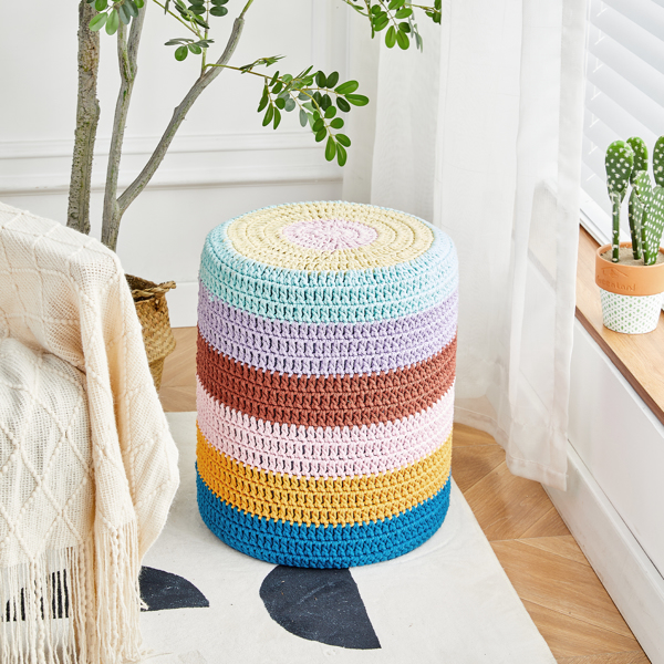 Pouf Ottoman, Hand Knitted Cotton Footrest, Boho Decor Knit Floor Stool for Bed Room, 14'' Round Pouffe Ottoman, Hollowed Removable Knitted Cover, Accent Seat for Living Room