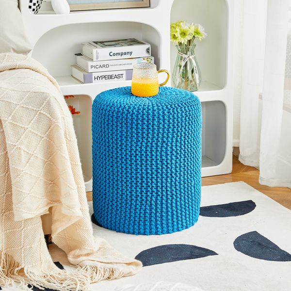 Pouf Ottoman, Hand Knitted Cotton Footrest, Boho Decor Knit Floor Stool for Bed Room, 14'' Round Pouffe Ottoman, Hollowed Removable Knitted Cover, Accent Seat for Living Room