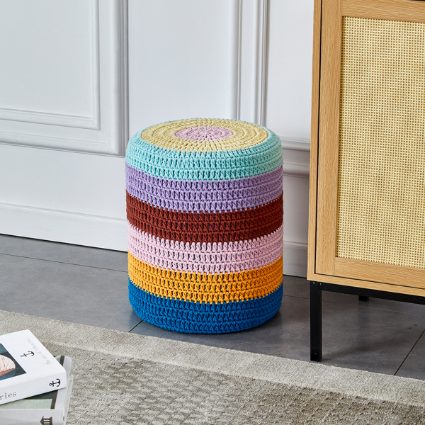 Pouf Ottoman, Hand Knitted Cotton Footrest, Boho Decor Knit Floor Stool for Bed Room, 14'' Round Pouffe Ottoman, Hollowed Removable Knitted Cover, Accent Seat for Living Room