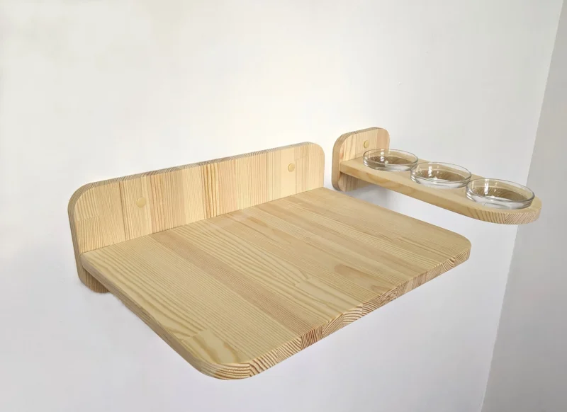 Set of Big Shelf and Cat Feeder Shelf with 3 glass bowls